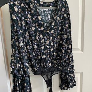 Free People Floral Bell Sleeve Body Suit
